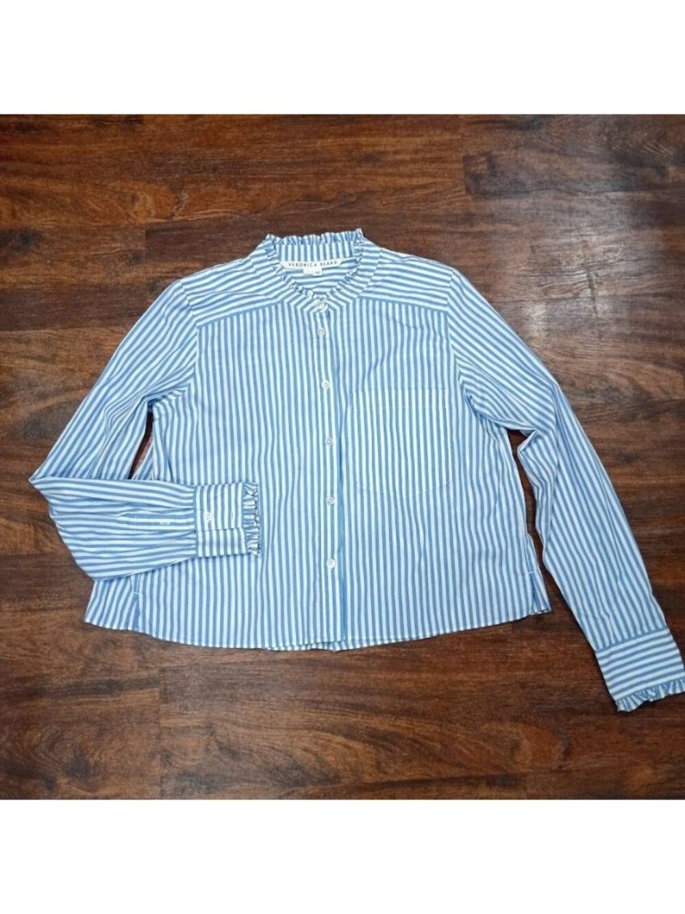 Veronica Beard Blue & White Striped Ruffle Collar Button-Down Shirt Size 6 - Picture 3 of 12